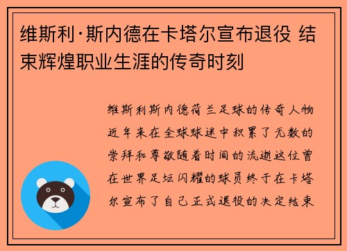 维斯利·斯内德在卡塔尔宣布退役 结束辉煌职业生涯的传奇时刻